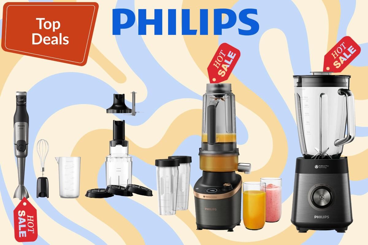 Verschiedene Philips Küchenmaschinen und Mixer stehen im Angebot.